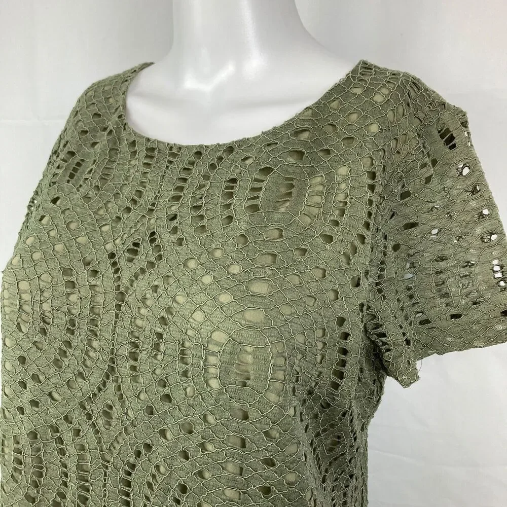 J. Crew Shirt Womens Sz 2 Olive Green Lace Crotchet Short Sleeve Top Rear‎ Zip